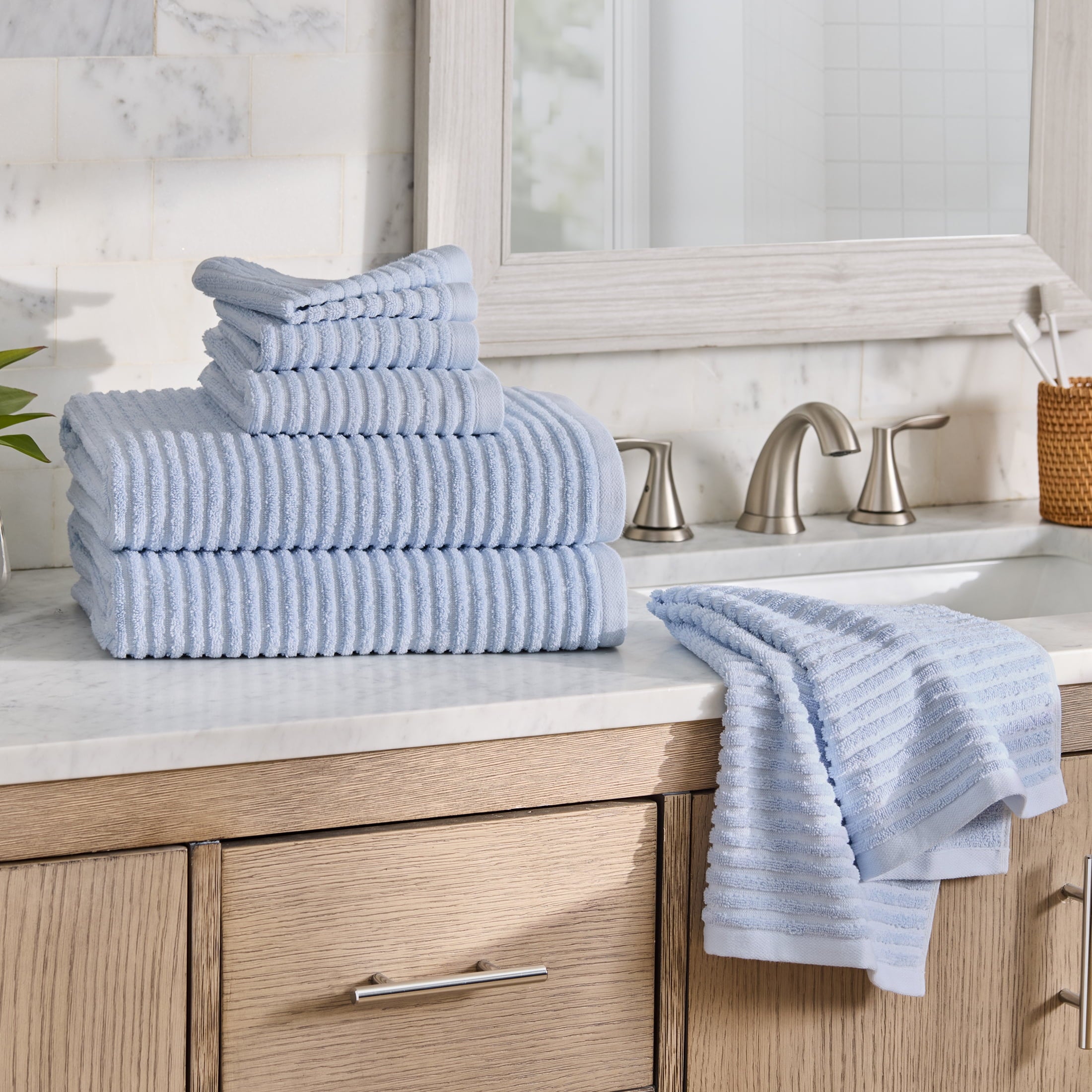 Better Homes & Gardens PowerLoft AIRRICH® 6 Piece Bath Towel Set, Blue Drop Textured Stripe
