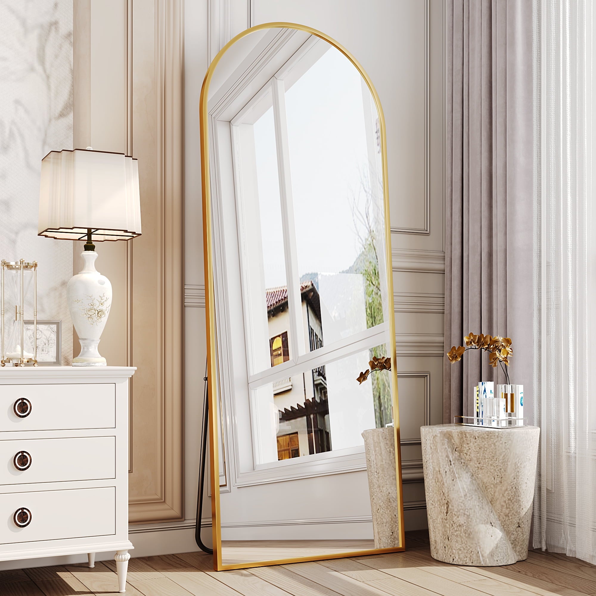 Antok Arched Full Length Floor Mirror 64"x21" Full Body Mirror with Stand, for Bedroom, Living Room, Cloakroom, Gold