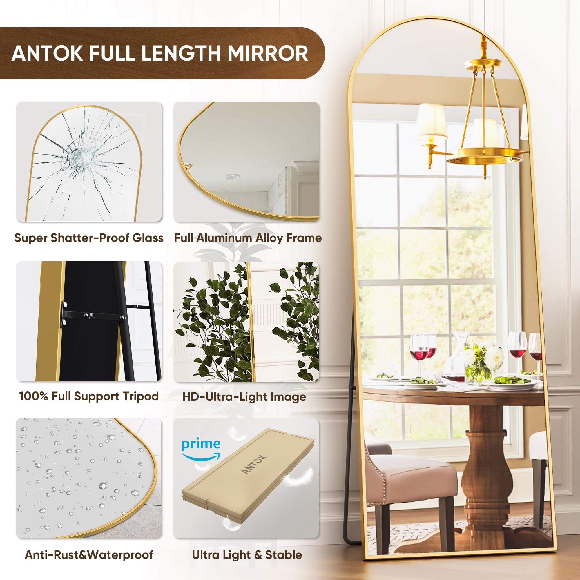 Antok Arched Full Length Floor Mirror 64"x21" Full Body Mirror with Stand, for Bedroom, Living Room, Cloakroom, Gold