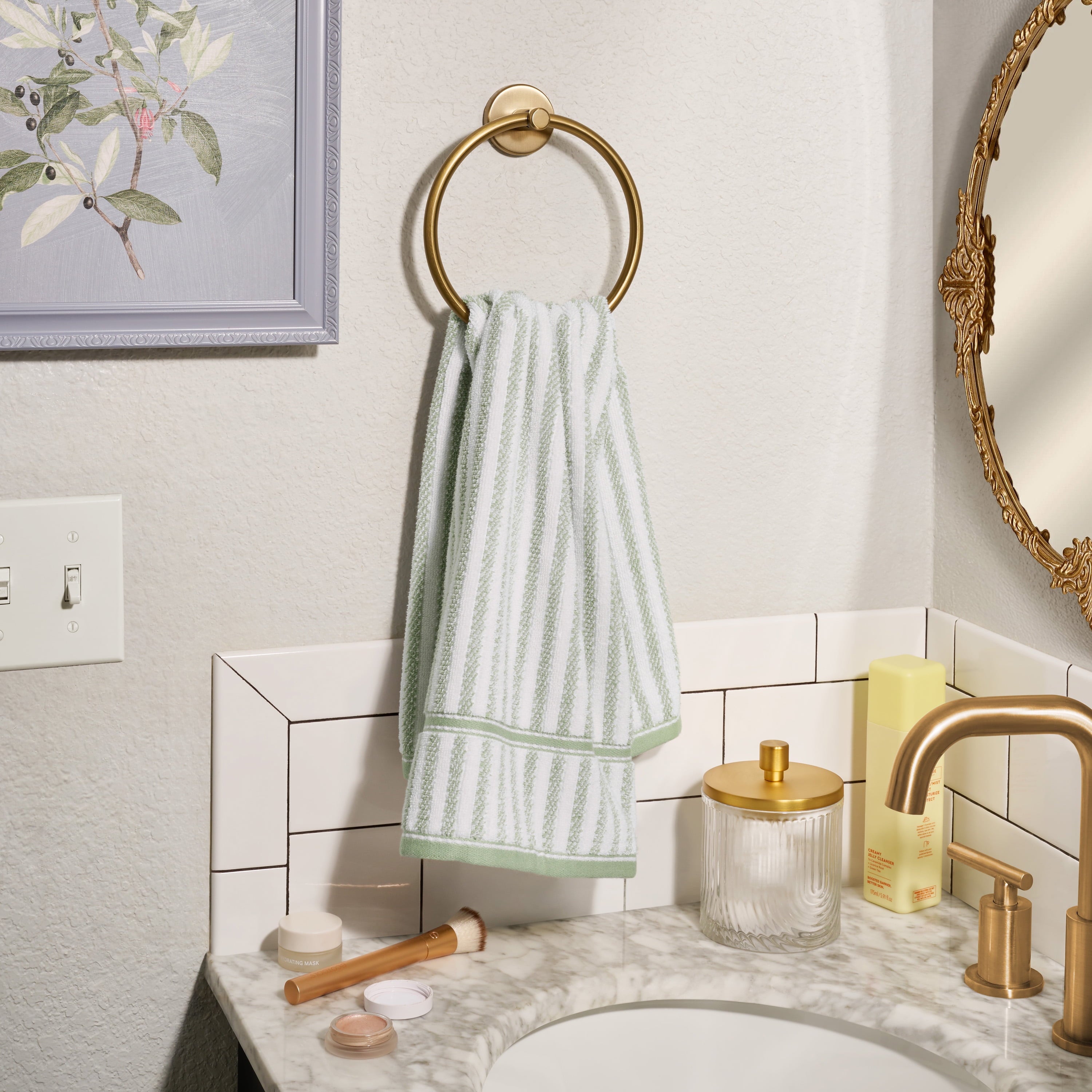 Beautiful by Drew Barrymore Stripe Hand Towel, Soft 100% Cotton, Sage Green