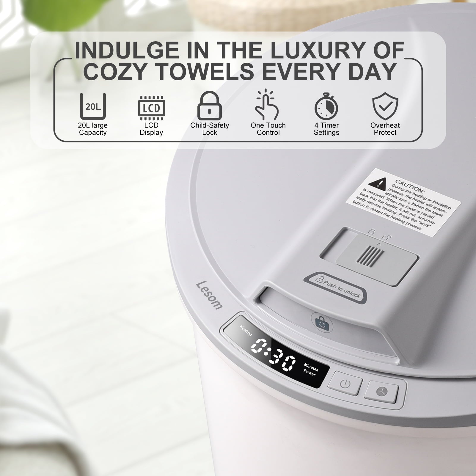 Large Towel Warmer Bucket with Flip Lid, One-Touch LED Display, and Child Safety Lock, Fast Heating Towel Heater for Bathroom, Spa, and Home Use
