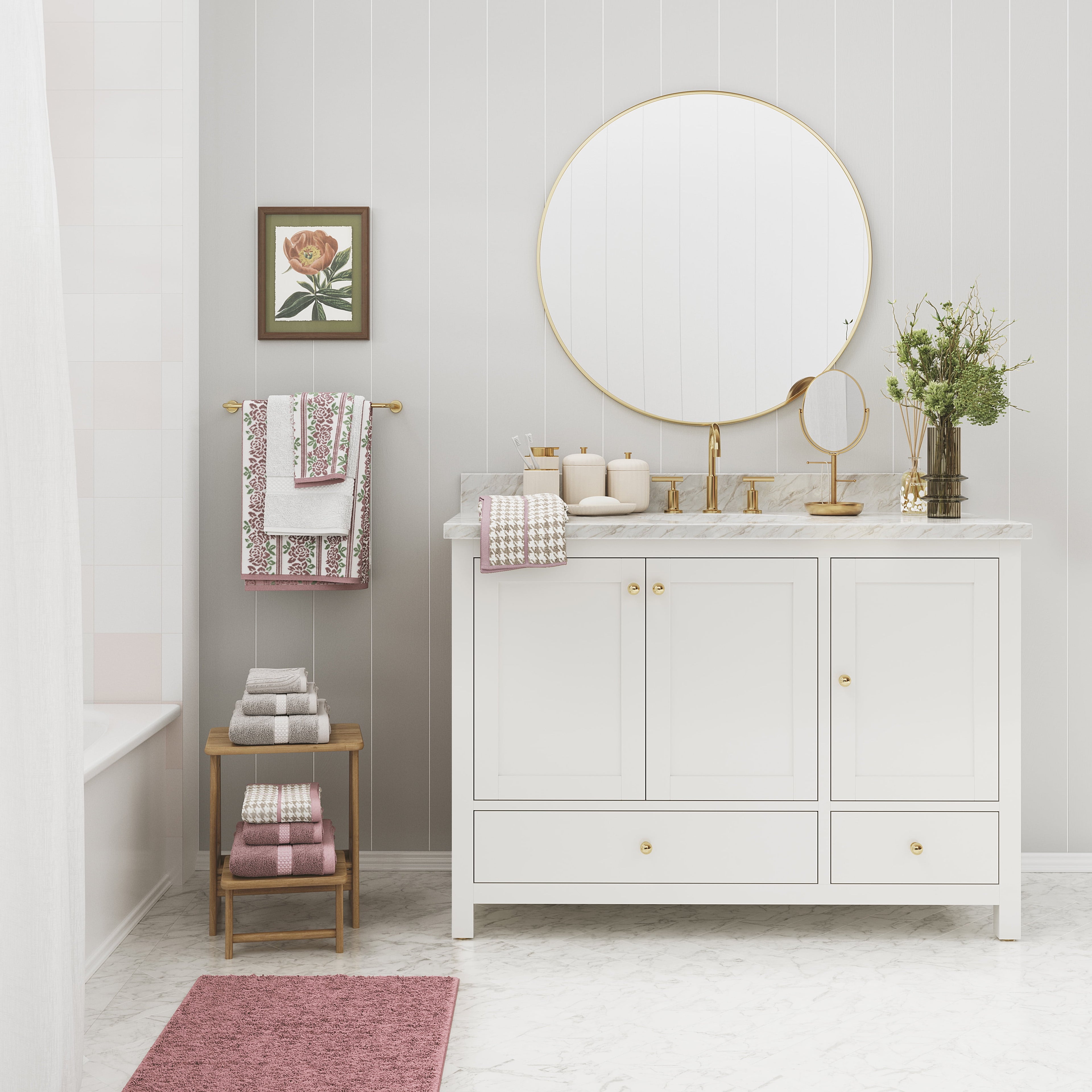 Beautiful Gold Vanity Mirror w/ Storage, Floral Design by Drew Barrymore – 1X Magnification, Space-Saving, Vintage-Inspired