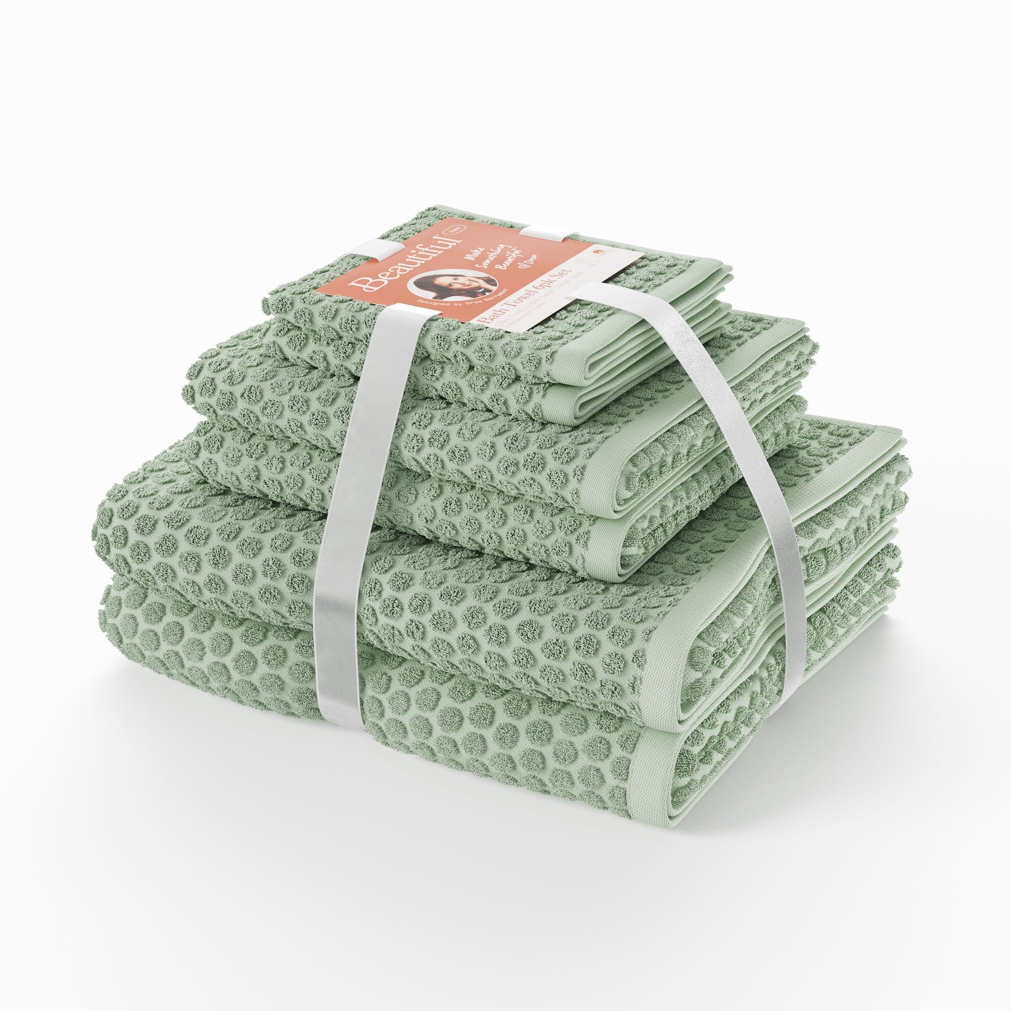 Beautiful by Drew Barrymore 6-Piece Dot Bath Towel Set, Soft 100% Cotton, Off White