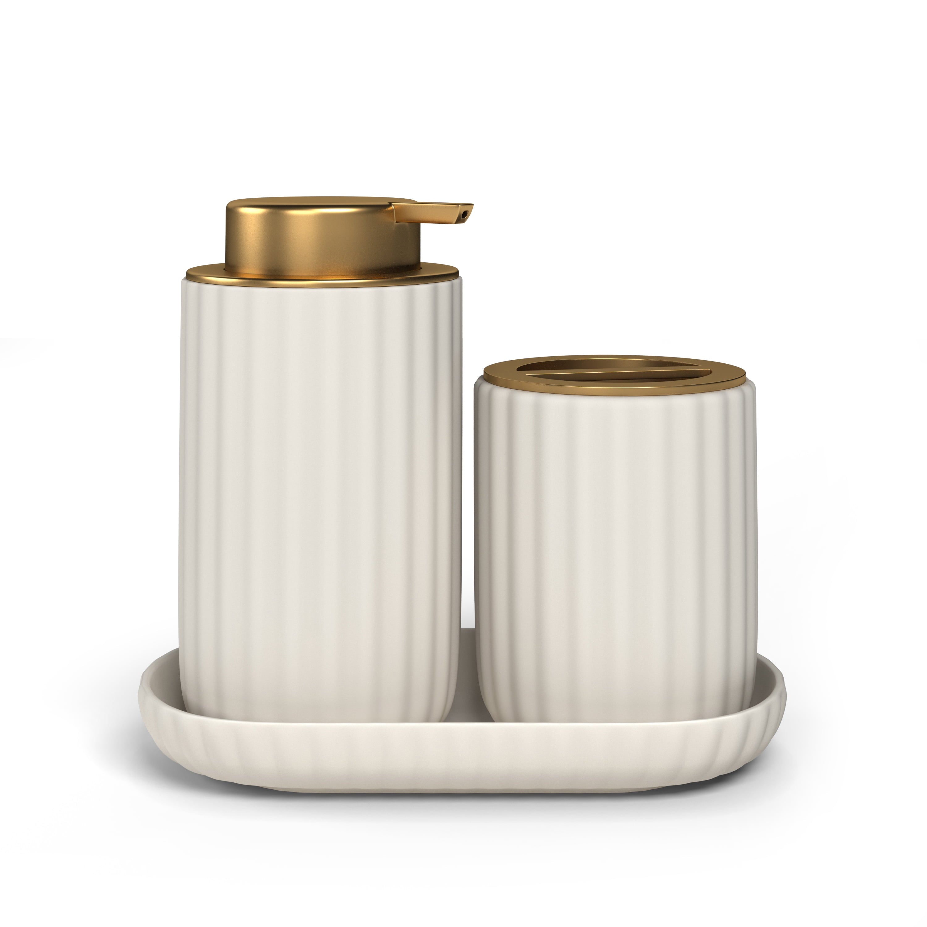 Beautiful Fluted Stoneware Bath Accessories 3-Piece Set by Drew Barrymore, Porcini Taupe