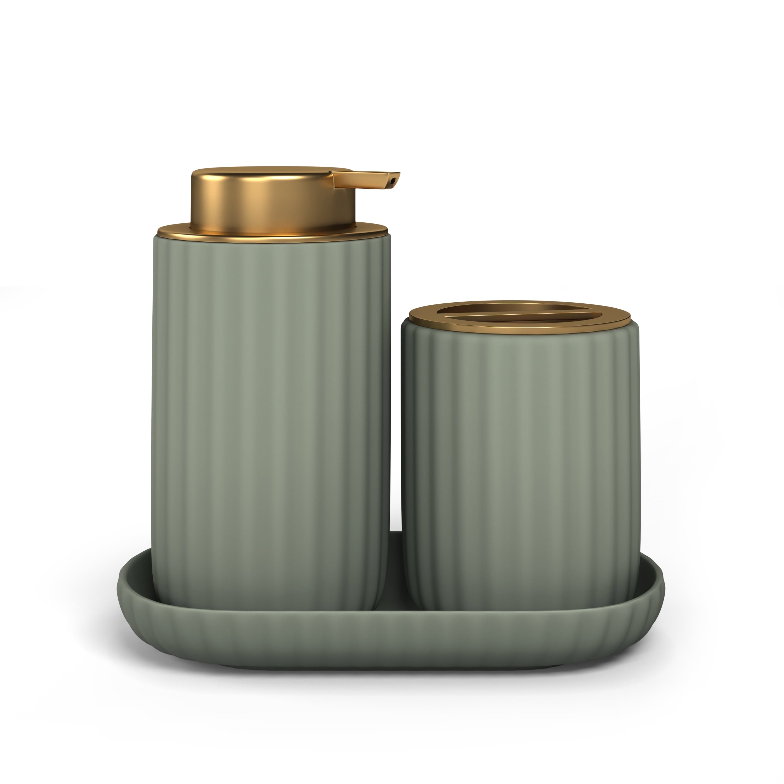 Beautiful Fluted Stoneware Bath Accessories 3-Piece Set by Drew Barrymore, Porcini Taupe