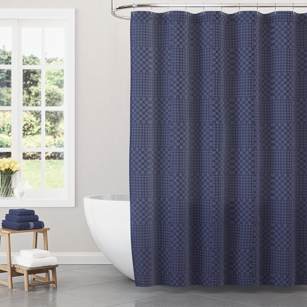 Beautiful Sage Green Check Matelassé Fabric Shower Curtain by Drew Barrymore, 72" x 72"