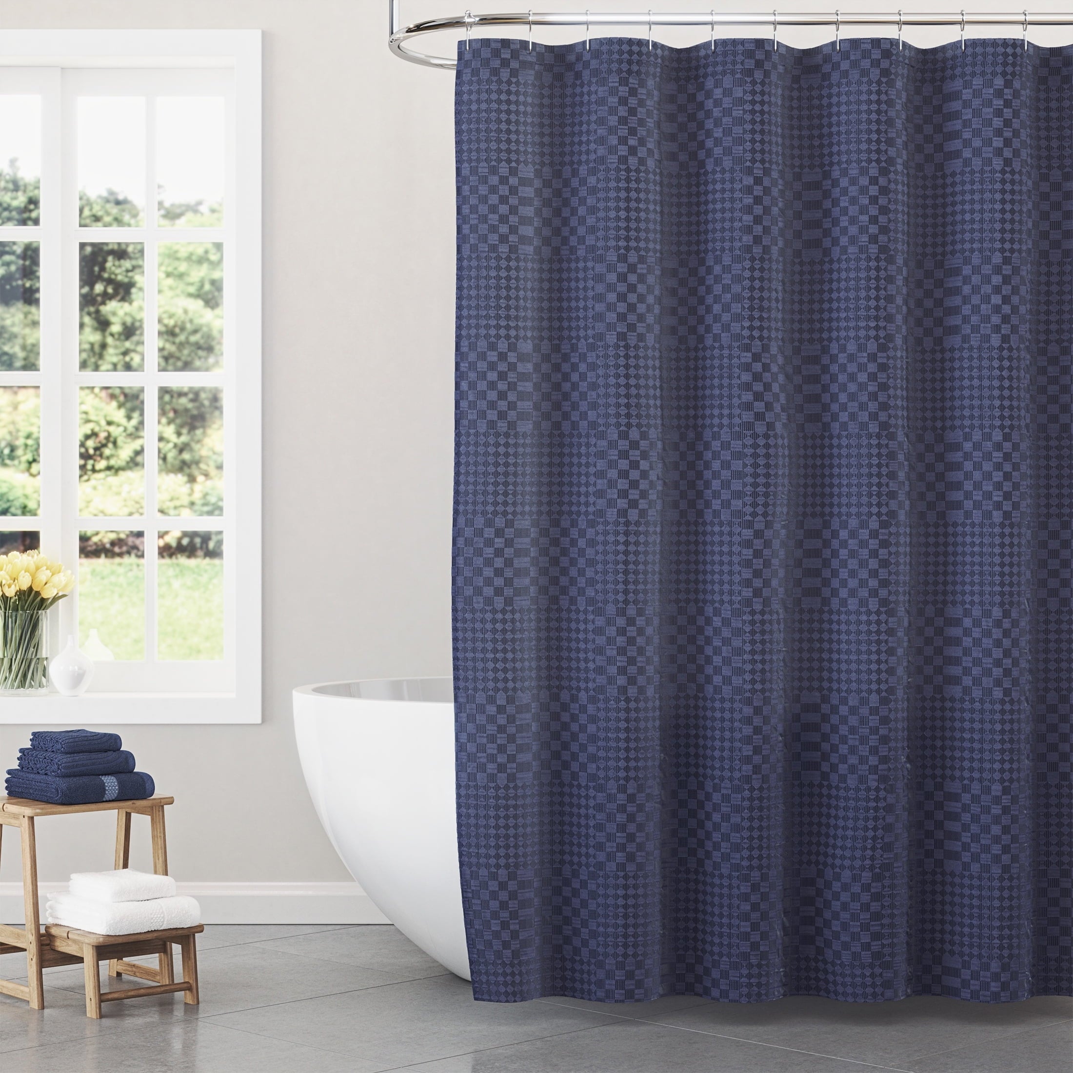 Beautiful Sage Green Check Matelassé Fabric Shower Curtain by Drew Barrymore, 72" x 72"