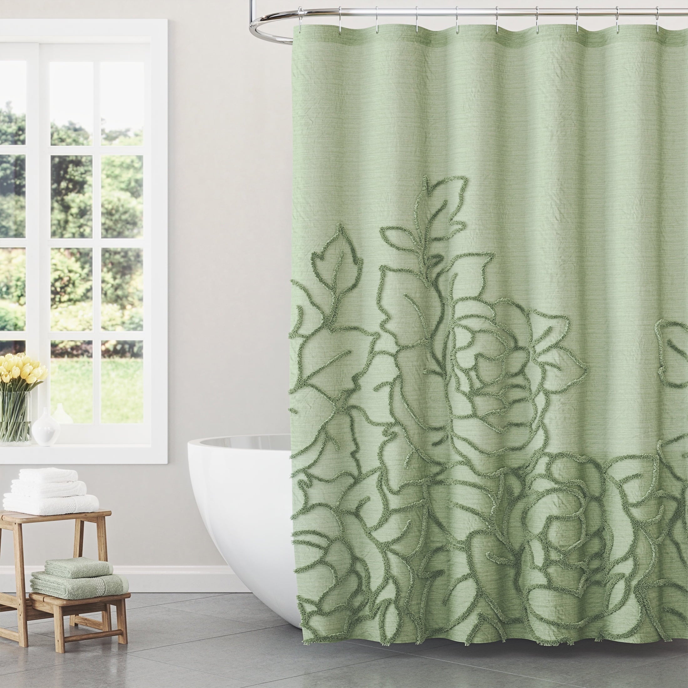 Beautiful Rose Pink Botanical Branch Chenille Cotton Shower Curtain by Drew Barrymore, 72" x 72"