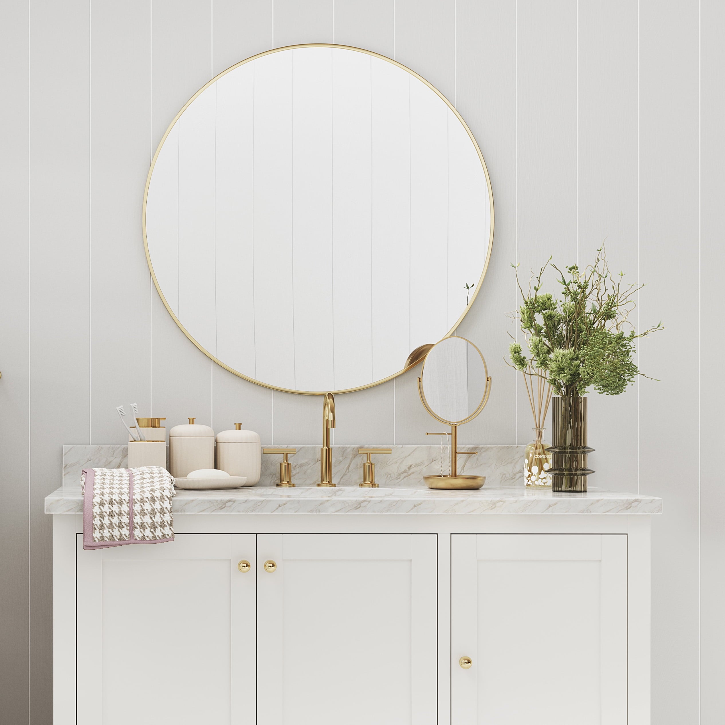Beautiful Gold Vanity Mirror w/ Storage, Floral Design by Drew Barrymore – 1X Magnification, Space-Saving, Vintage-Inspired