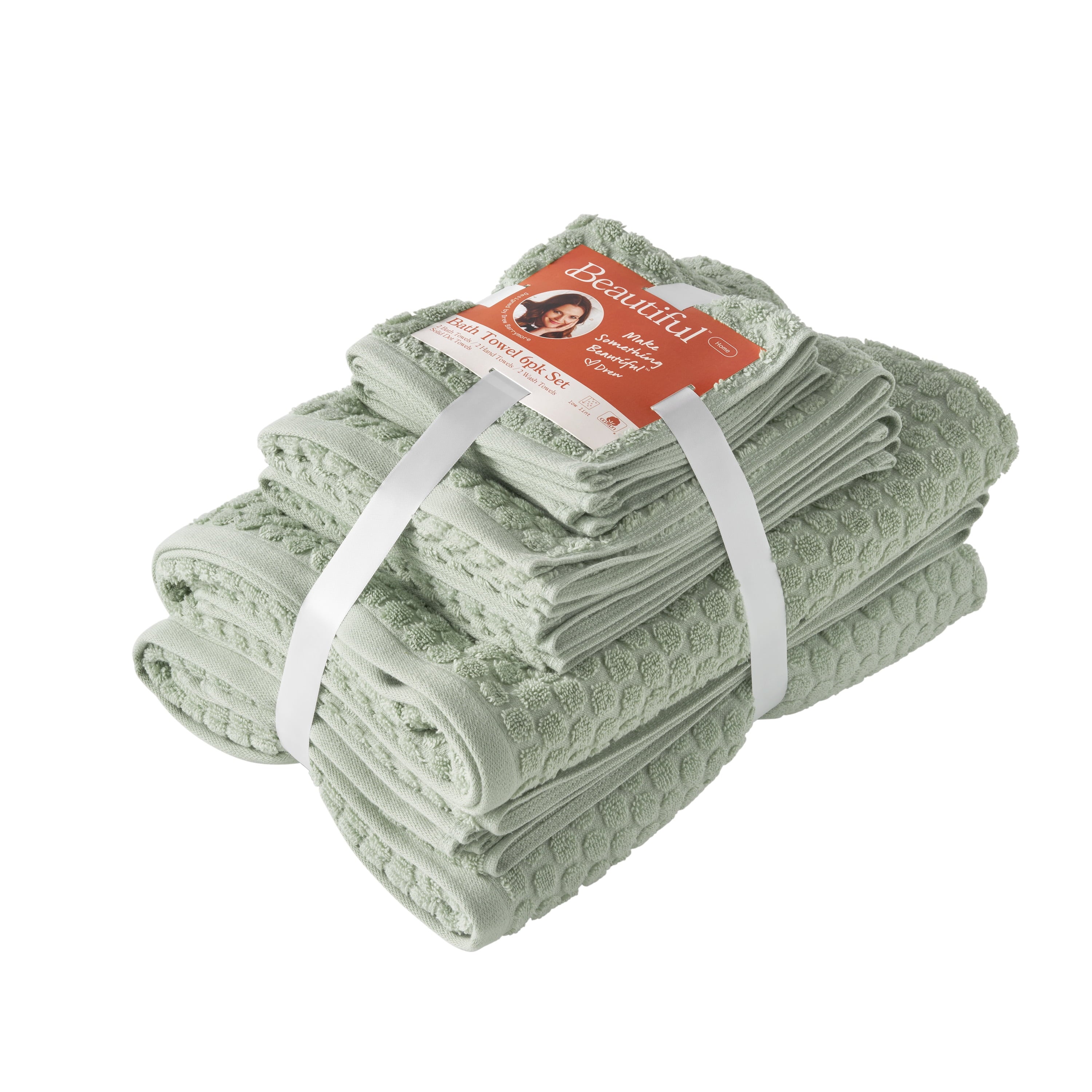 Beautiful by Drew Barrymore 6-Piece Dot Bath Towel Set, Soft 100% Cotton, Sage Green