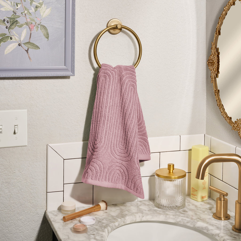 Beautiful by Drew Barrymore Textured Hand Towel, Soft 100% Cotton, Rose Pink