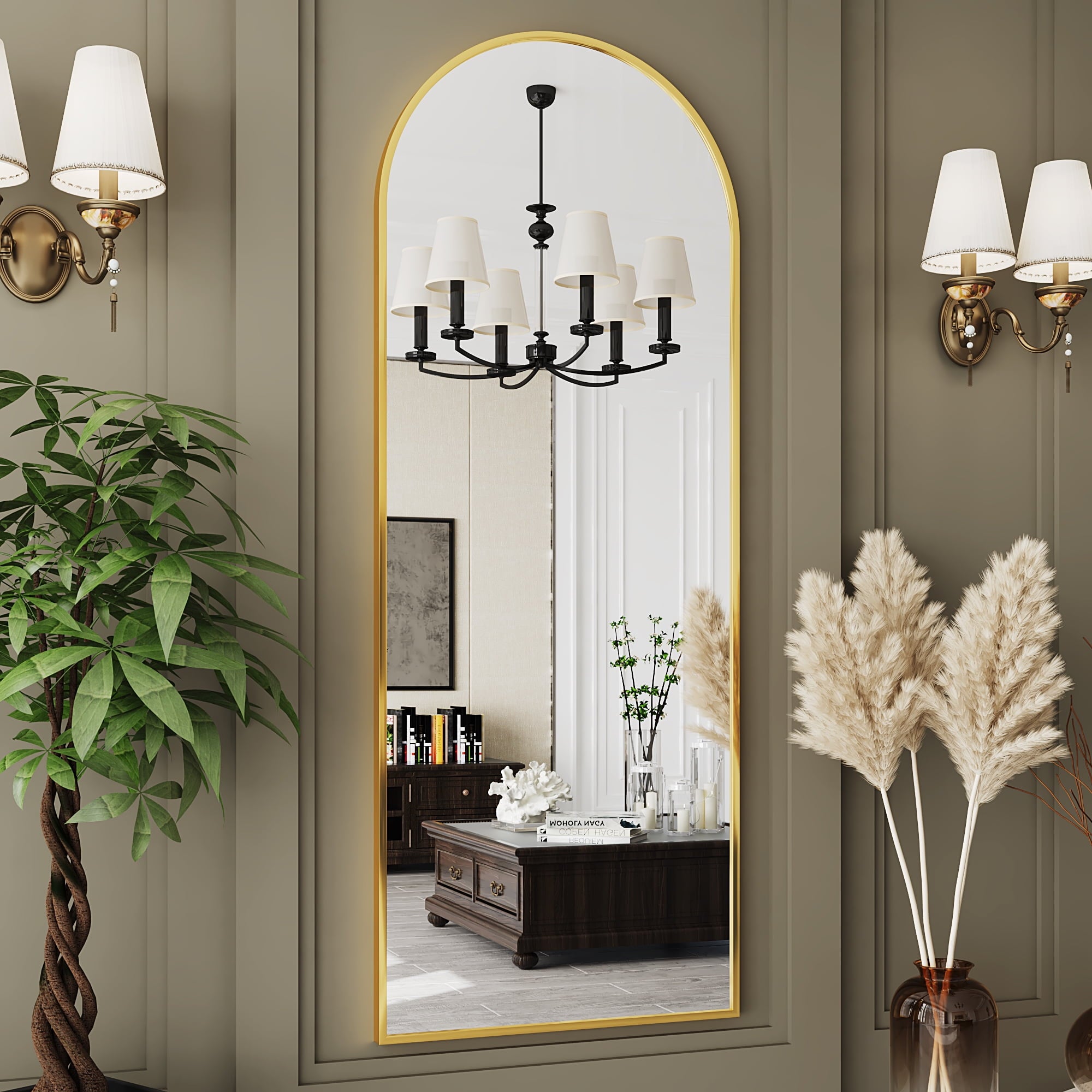 Antok Arched Full Length Floor Mirror 64"x21" Full Body Mirror with Stand, for Bedroom, Living Room, Cloakroom, Gold