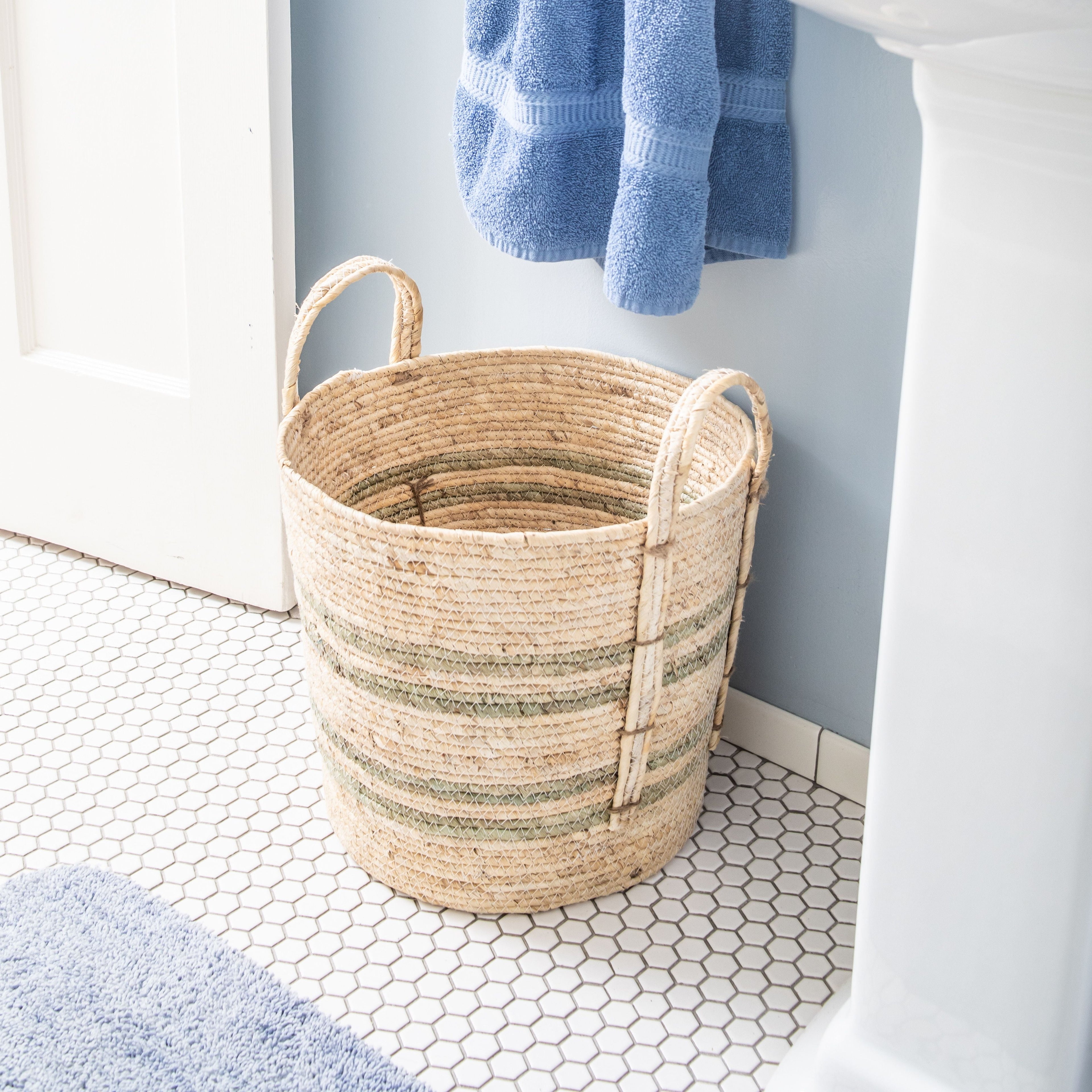 Better Homes & Gardens Natural Maize Colored Stripe Basket, Green, Large