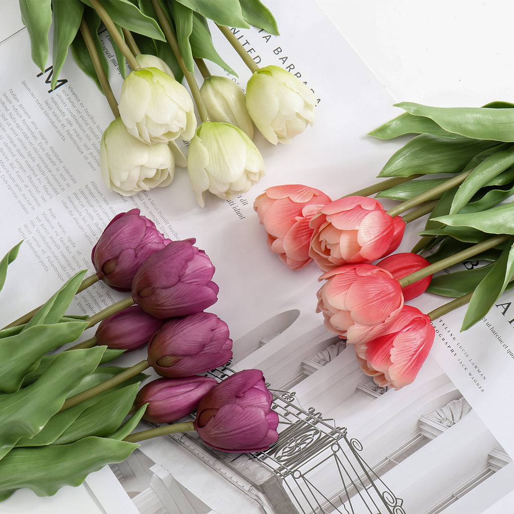 6 Pcs Tulips Artificial Flowers Real Touch Fake Latex Tulips Flowers for Mother's Day 14" Faux Flowers for Vase Centerpieces Home Wedding Bouquet,Coral Red