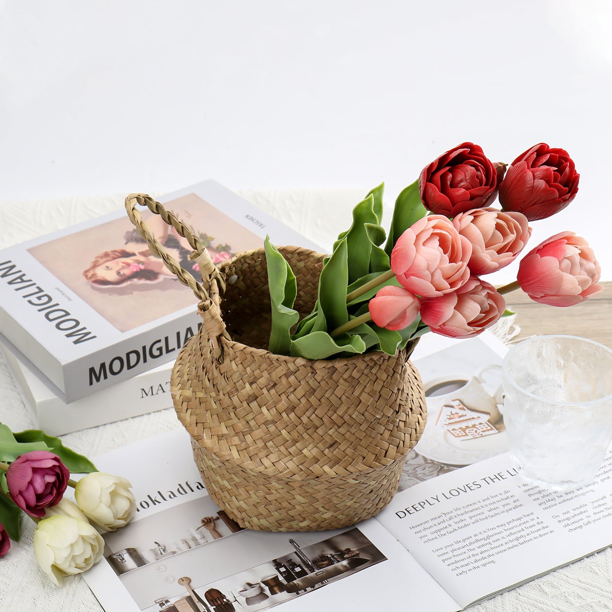 6 Pcs Tulips Artificial Flowers Real Touch Fake Latex Tulips Flowers for Mother's Day 14" Faux Flowers for Vase Centerpieces Home Wedding Bouquet,Coral Red
