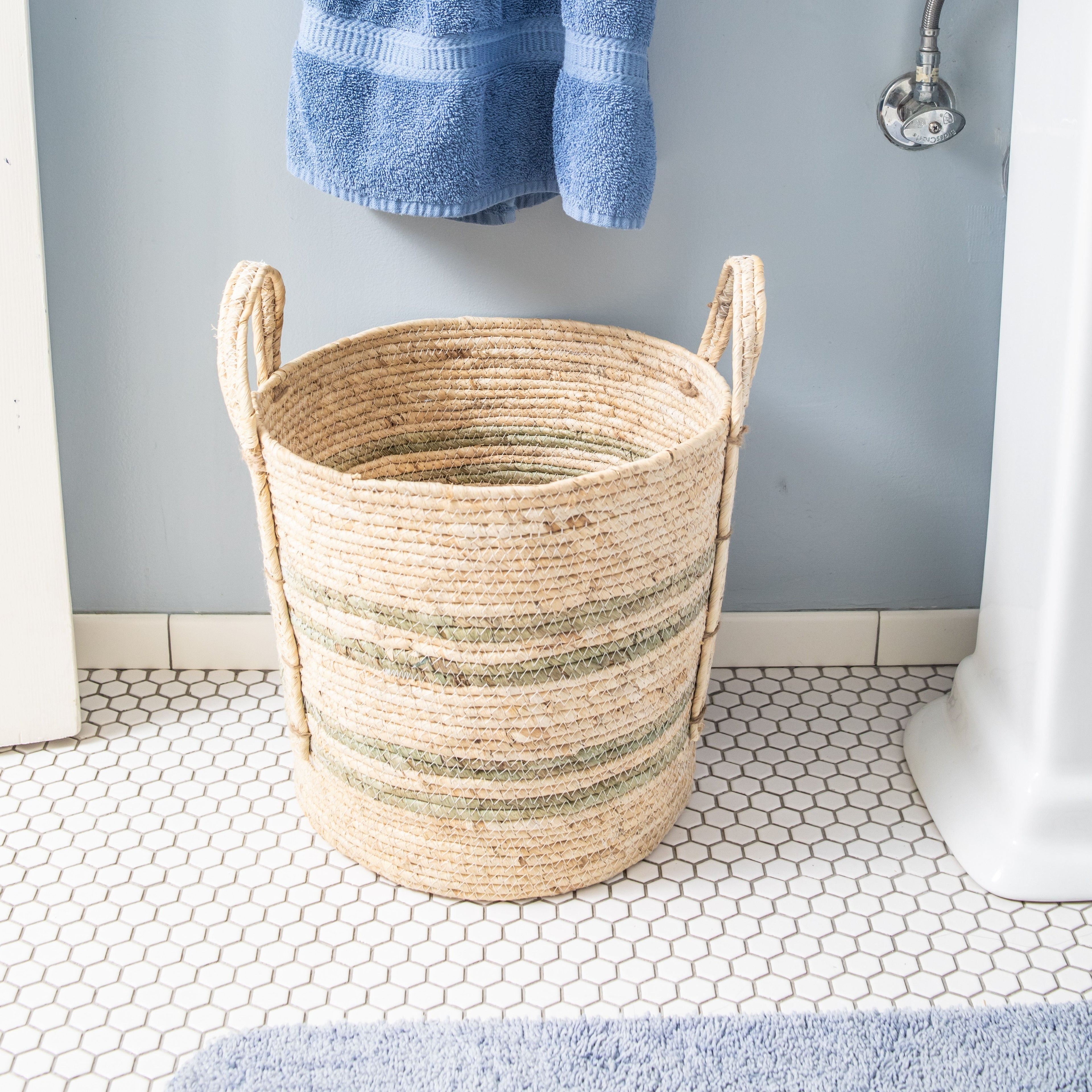 Better Homes & Gardens Natural Maize Colored Stripe Basket, Green, Large